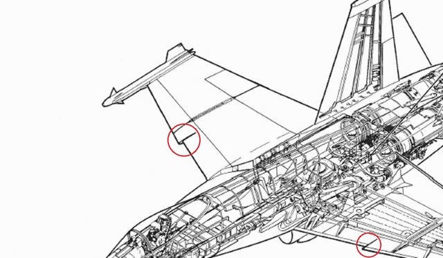 “Răng chó” trên cánh chính của F-18A (khoanh tròn đỏ)