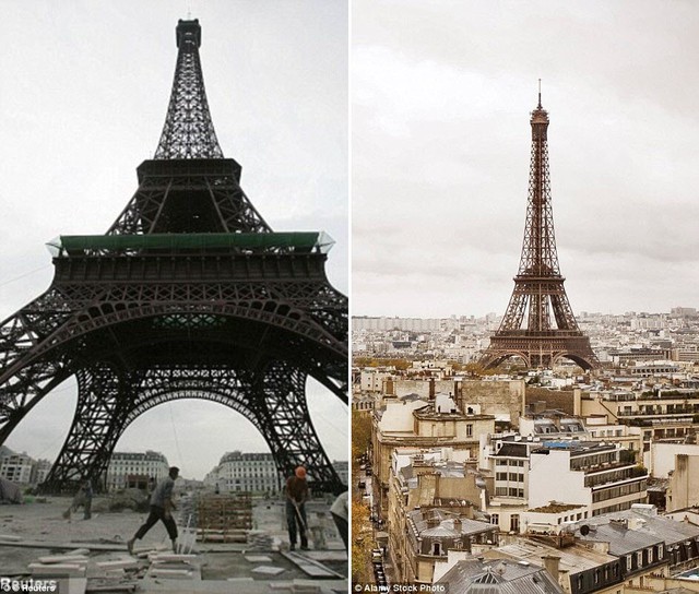 
Ngọn tháp cao 108 m (trái) ở Trung Quốc có kiểu dáng giống hệt với tháp Eiffel ở Paris, Pháp.
