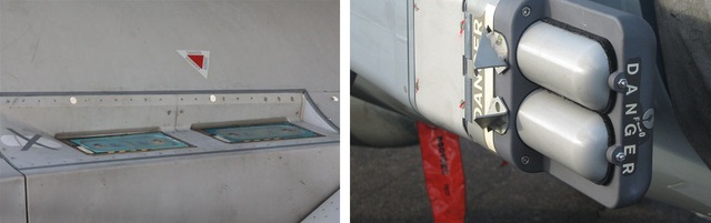 Hệ thống bắn mồi nhiễu hồng ngoại (trái) và thả kim loại gây nhiễu (phải). 2 hệ thống này nằm ở 2 gốc cánh sau và thân sau máy bay