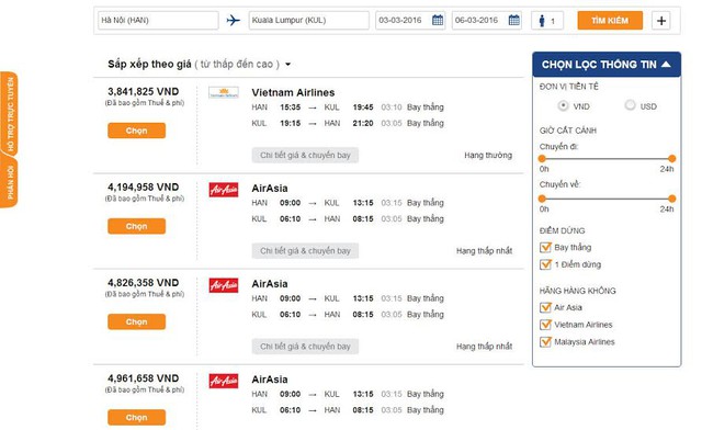 
Chẳng hạn như khuyến mãi Khám Phá Đông Nam Á vừa kết thúc của Vietnam Airlines. Bạn có thể thấy vé khứ hồi đi Kuala Lumpur khởi hành từ Hà Nội của Vietnam Airlines thậm chí còn rẻ hơn cả AirAsia. Ảnh: VeMayBay.vn
