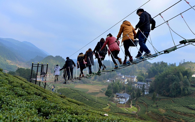 Du khách đi dọc một chiếc cầu treo trong khi tham quan trang trại trồng trà ở thị trấn Ân Thi, tỉnh Hồ Bắc, Trung Quốc.