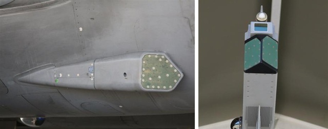 Hệ thống cảnh báo tên lửa (MAWS) ở 2 cửa hút khí (trái) và trên cánh đuôi đứng (phải)