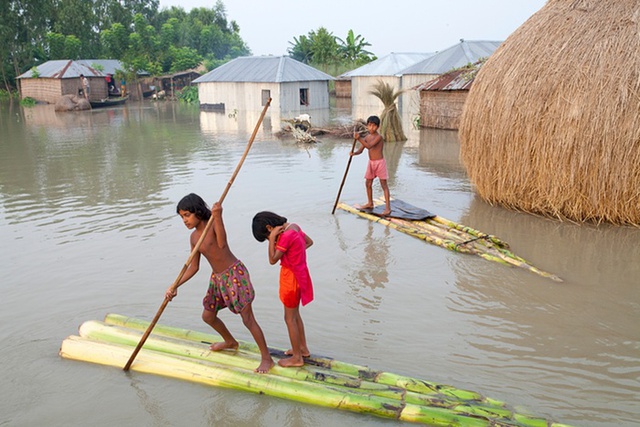 
Những đứa trẻ chèo bè chuối qua con đường bị lũ lụt nặng nề ở Kurigam, Bangladesh.
