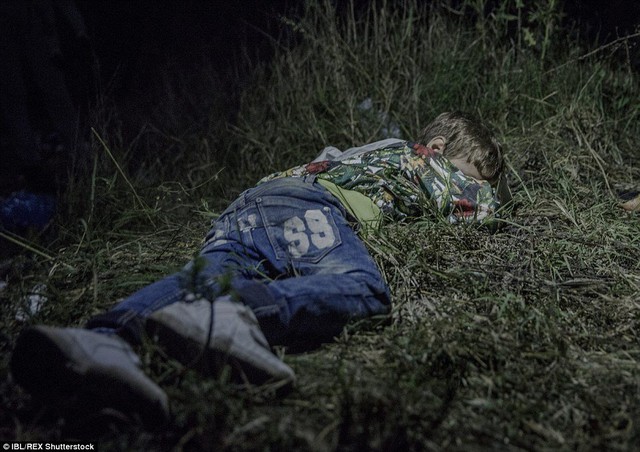 
Ahmed, 6 tuổi, ngủ trên bãi cỏ ở Horgos, Serbia. Cậu bé tự mang túi của mình trên suốt chuyến hành trình dài ngày vì gia đình cậu bé đi bộ tới Châu Âu cho an toàn. Ahmed hiện đang được chú chăm sóc sau khi người cha bị sát hại ở quê nhà ở miền Bắc Syria.
