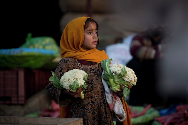 Bé gái đứng chờ khách mua súp lơ tại một khu chợ ở thành phố Islamabad, Pakistan.