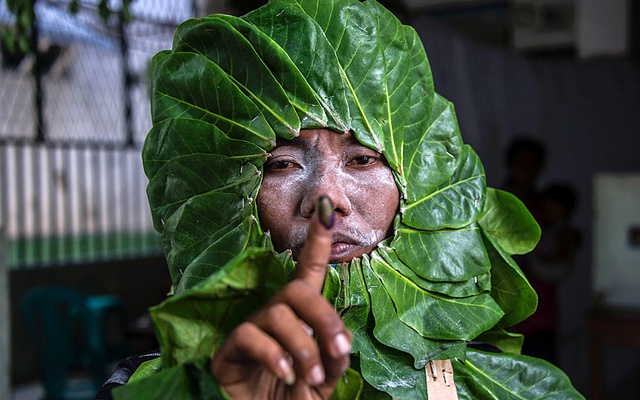 Một nhà bảo vệ môi trường kết lá cây quanh mặt trong khi bầu cử ở Indonesia.