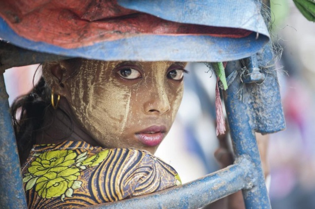 Một phụ nữ Hồi giáo Rohingya di chuyển bằng xe ba bánh gần một tại tị nạn ở Sittwe, Myanmar.