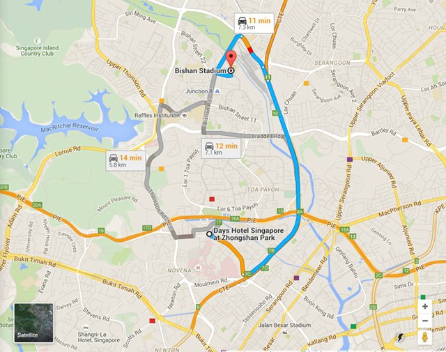 Từ khách sạn tới SVĐ Bishan, nơi U23 VN thi đấu chỉ mất 11 phút đi bằng ô tô (7.3 km)
