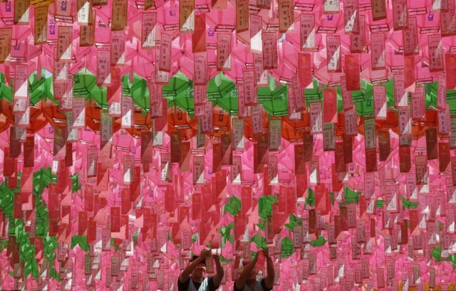 Công nhân gắn tên những người ủng hộ vào đèn lồng trước lễ Phật đản ở Seoul, Hàn Quốc.