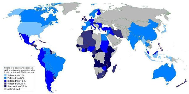 Bản đồ tỷ lệ dân số có trình độ Đại học của 1 nước đang sinh sống tại một quốc gia khác thuộc OECD (Tổ chức Hợp tác và Phát triển Kinh tế) 1. Dưới 2% 2. Dưới 5% 3. Dưới 10% 4. DƯới 20% 5. Hơn 20% 6. Không bao gồm.