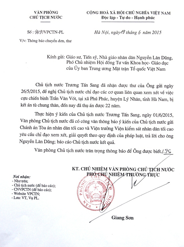 Chủ tịch nước yêu cầu xem xét, giải quyết đơn của GS Nguyễn Lân Dũng liên quan đến vụ án ông Trần Văn Vót ở Hà Nam.