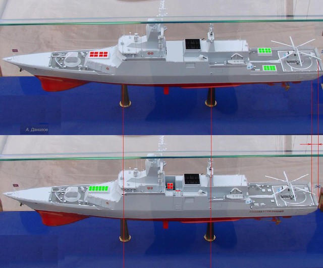 
So sánh việc lắp đặt các ống phóng của hệ thống Redut (màu xanh lá) ở phiên bản 20381 (mô hình dưới) và 20385 (mô hình trên)
