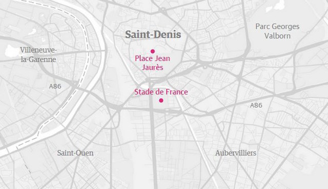 
Bản đồ cho thấy vị trí mà cảnh sát Pháp đang tiến hành cuộc bao vây các nghi phạm ở gần sân vận động Stade de France. Nguồn: The Guardian
