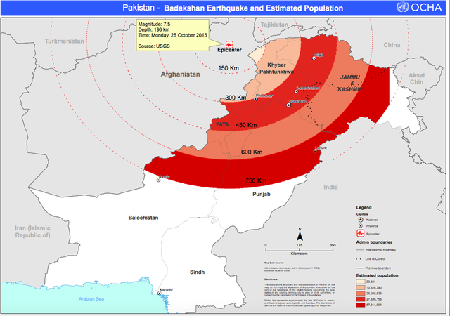 
Bản đồ của Liên Hợp Quốc cho thấy phạm vi ảnh hưởng của trận động đất tại Afghanistan.
