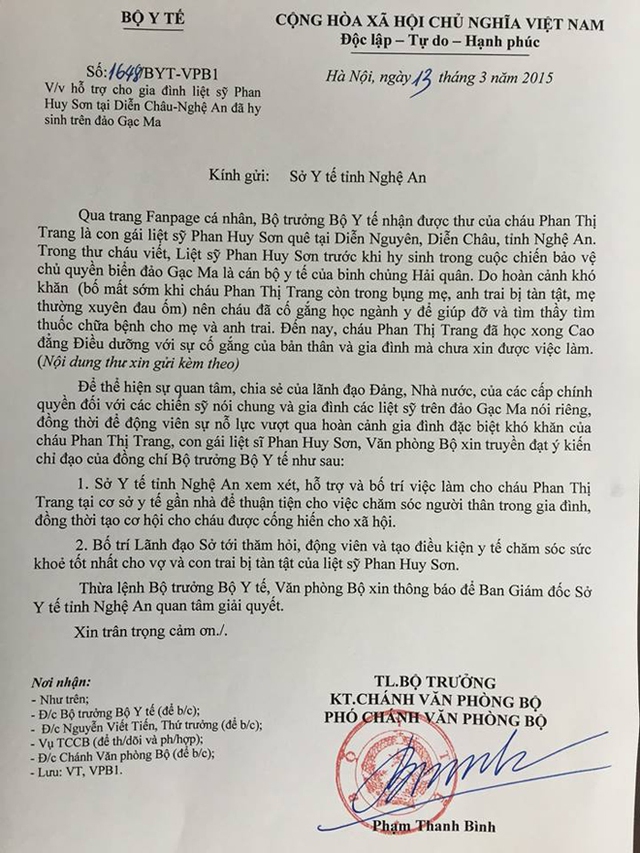 Công văn của Bộ trưởng Bộ Y tế gửi Sở Y tế Nghệ An về việc giúp đỡ, hỗ trợ tìm việc làm cho Trang và gia đình liệt sỹ Phan Huy Sơn.