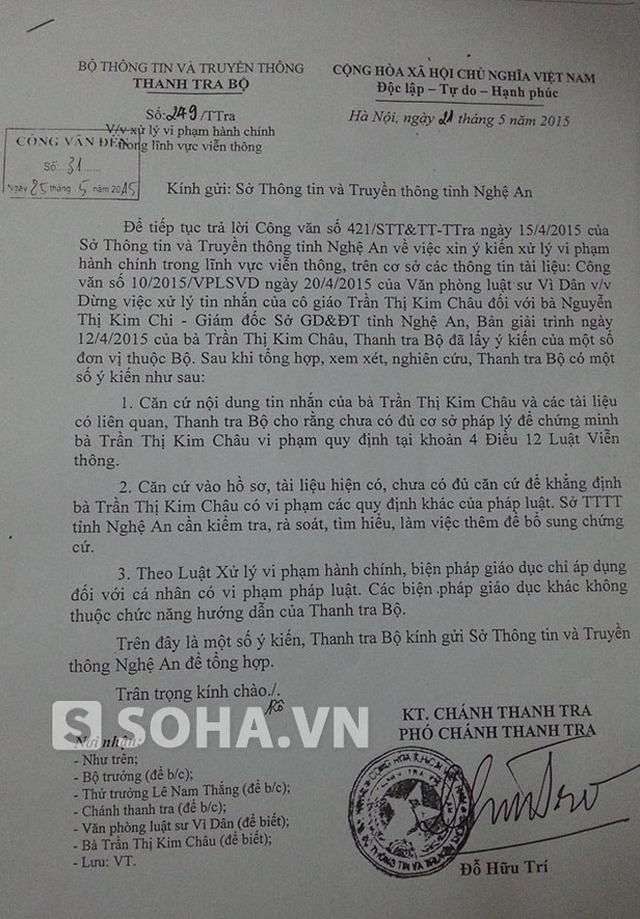 Công văn của Thanh tra Bộ TT&TT trả lời Sở TT&TT Nghệ An về việc xử lý nội dung tin nhắn của bà Châu.