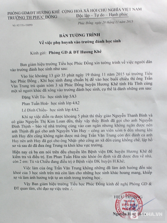 
Bản tường trình báo cáo sự việc của trường Tiểu học Phúc Đồng, huyện Hương Khê.
