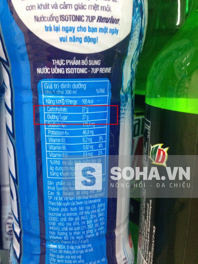 
Trong 330ml nước bù điện giải Isotonic 7up chứa 27g đường.
