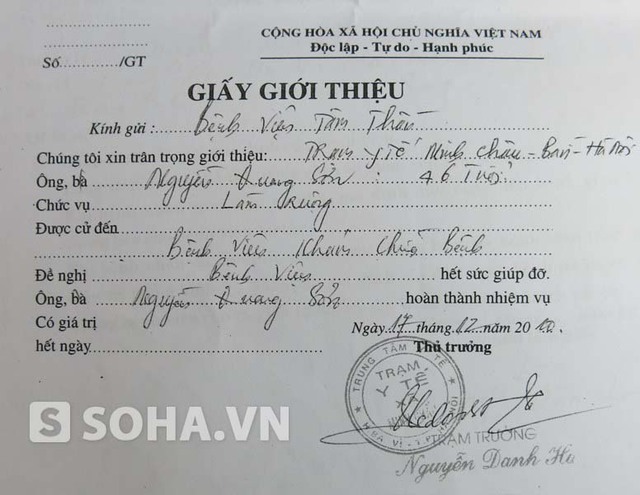 Giấy giới thiệu đi bệnh viện tâm thần của anh Nguyễn Quang Sơn.