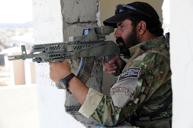 
Một nhân viên thuộc Lực lượng cảnh sát quốc gia Afghanistan đang ngắm bắn một phiên bản cải tiến của AMD-65 với ống ngắm lai của EOTech.
