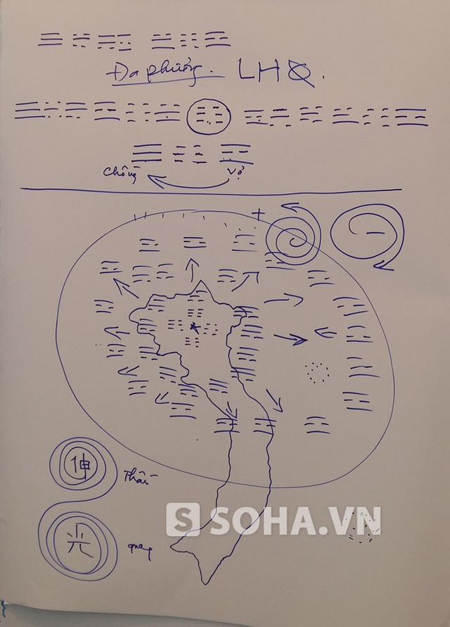 
Bản đồ mô phỏng ông Huỳnh vẽ cho phóng viên quan sát phương pháp đuổi mưa.
