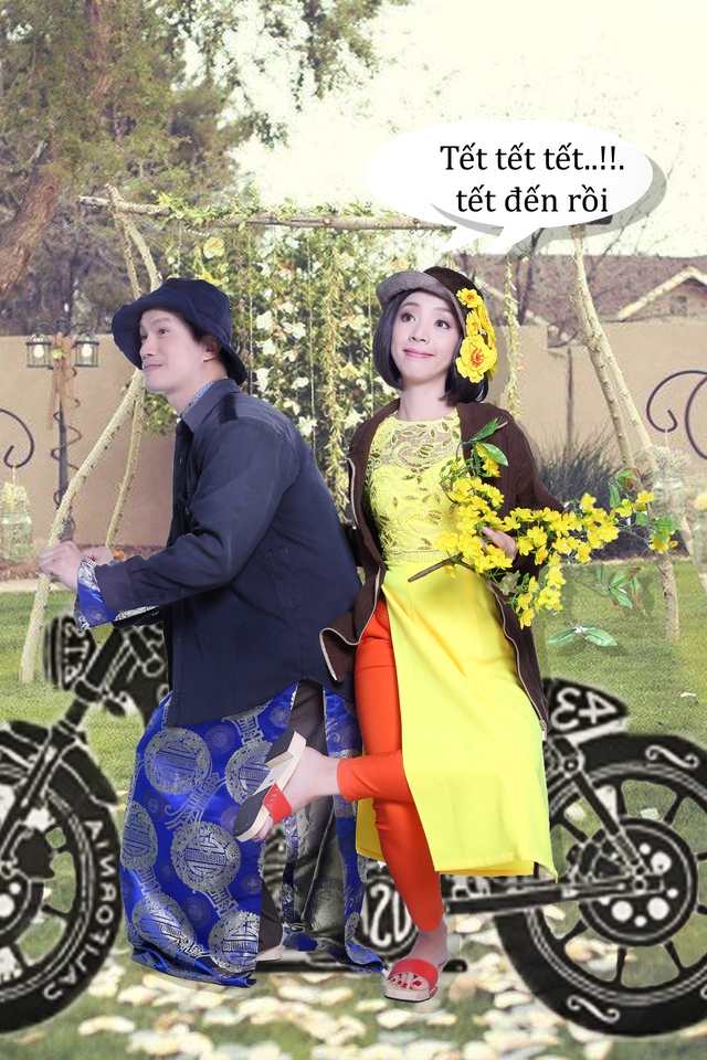 Cả 2 hóa thân thành 1 cặp đôi bá đạo, đưa nhau đi chợ Tết. Họ lựa chọn trang phục của áo dài của NTK Việt Hùng để đem lại không khí tươi vui, hài hước cho bộ ảnh.