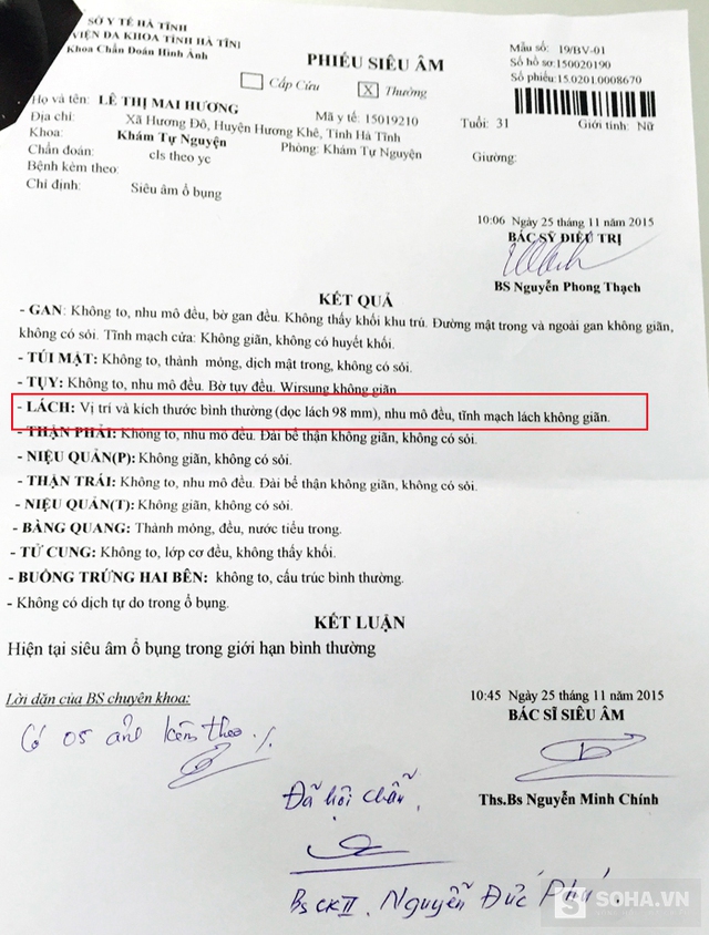 
Kết quả siêu âm vào ngày 25/11 trong ổ bụng của chị hương cho thấy lách vị trí và kích thước bình thường.
