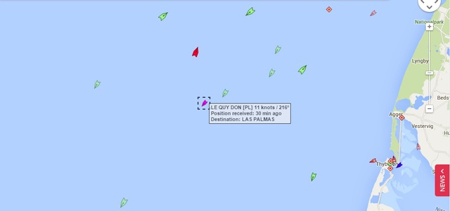 
Vị trí của tàu buồm Lê Quý Đôn trên trang thông tin hàng hải Marinetraffic
