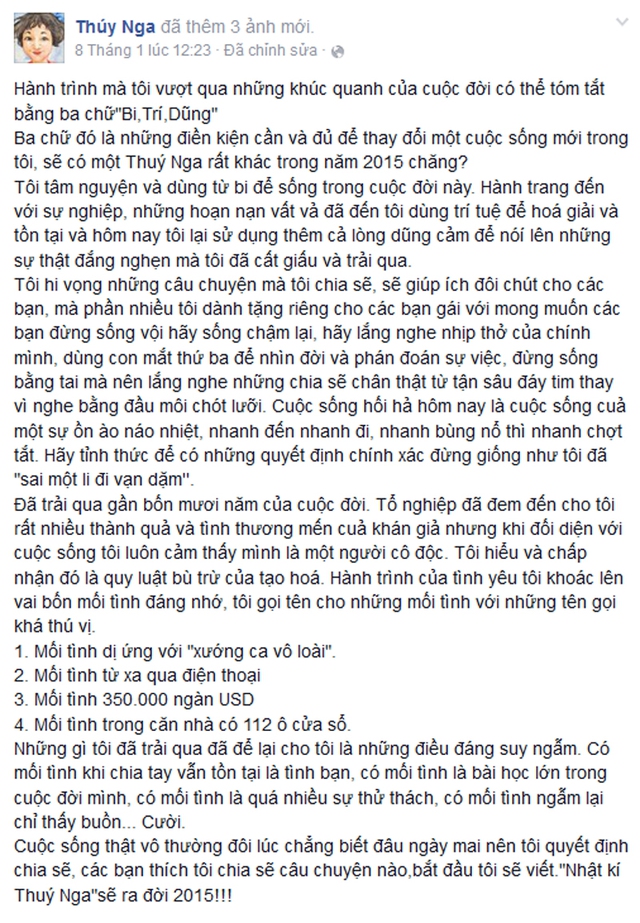 Gần bốn mươi năm cuộc đời, Thúy Nga nhận ra cô có những bước đi sai lầm trong đời và hy vọng những người chung quanh không vướng phải trường hợp như bản thân.