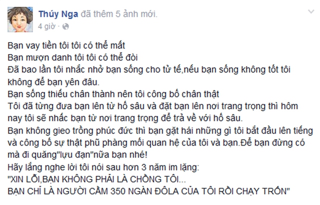 Sau ba năm chịu đựng và dày vò, Thúy Nga đã chính thức lên tiếng. Cô muốn mọi người biết rằng cô và người đàn ông đã tổ chức đám cưới 4 năm về trước không còn bất cứ quan hệ gì.