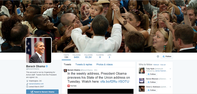 Tài khoản Twitter chính thức của Tổng thống Mỹ Barack Obama.