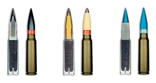 
Từ trái sang phải: đạn xuyên giáp gây cháy (API) PGU-14/B, đạn nổ mạnh gây cháy (HEI) PGU-13A/B và đạn luyện tập PGU-15/B
