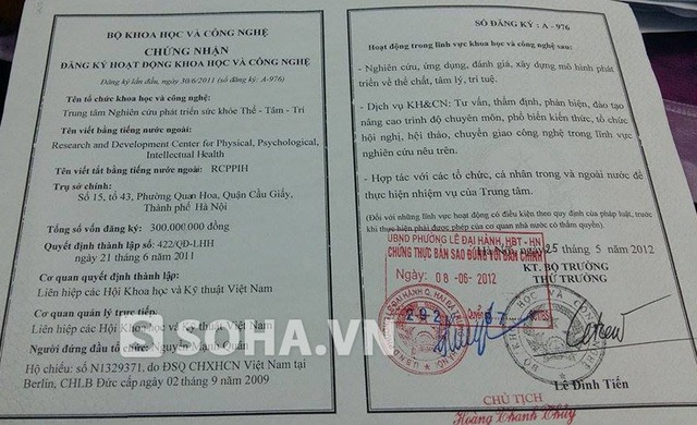 Giấy chứng nhận đăng ký hoạt động khoa học công nghệ.