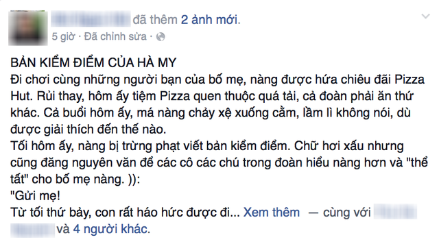 Cha của bé Hà My - B.N.H đã cho đăng tải nội dung Bản kiểm điểm ấn tượng này.