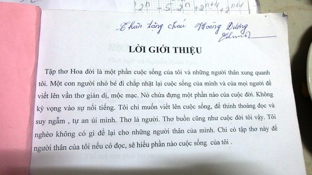 Lời tựa trong tập thơ Hoa đời mà chị Châu Loan tặng cháu Nguyễn Hoàng Dương.