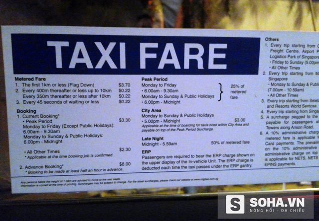 
Bảng niêm yết giá taxi tại Singapore ghi chú rất rõ các mức giá (ảnh: LN)
