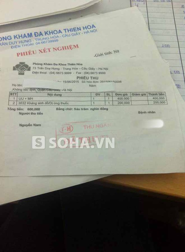 Phiếu thu tiền của bệnh nhân H. nộp cho phòng khám Thiên Hòa.
