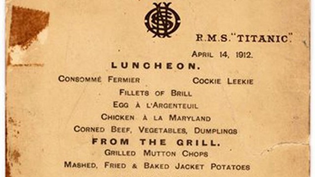 
Tờ thực đơn bữa trưa cuối cùng trên con tàu Titanic. (Nguồn: AP)
