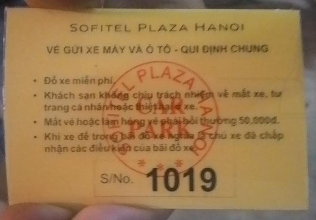 Vé gửi xe của khách sạn Sofitel Plaza