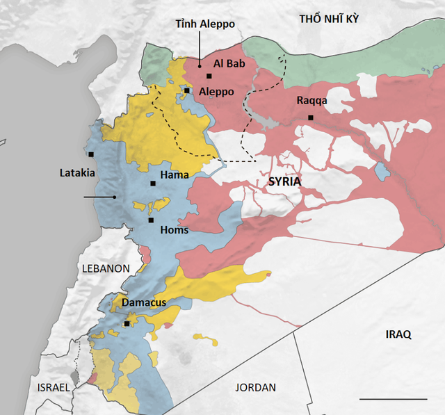 Diễn biến nội chiến Syria cập nhật ngày 5/10. Màu xanh do quân chính phủ kiểm soát, màu vàng thuộc quân nổi dậy, màu hồng thuộc phiến quân ISIS, màu xanh lá thuộc người Kurd. Nguồn: IHS Jane’s.