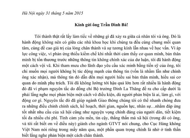 Lá thư của Cục trưởng Lại Xuân Thanh gửi cho ông Trần Đình Bá.
