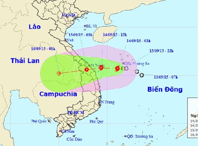 
Hướng di chuyển của cơn bão số 3. Ảnh: Trung tâm Khí tượng Thủy văn Trung ương
