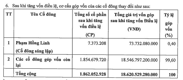 
Cơ cấu góp vốn của các cổ đông thay đổi sau khi tăng vốn điều lệ
