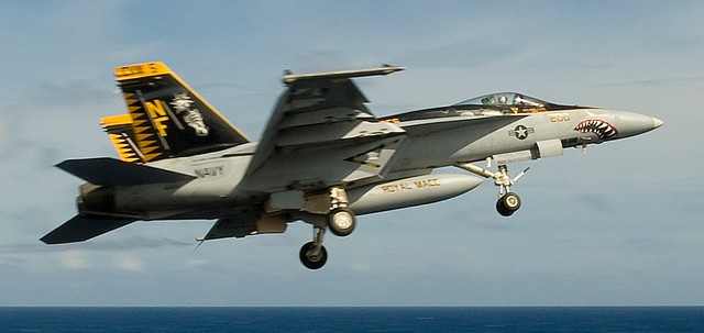 
Chiếc F/A-18 Hornet cũng mang họa tiết Hàm cá mập nhưng đơn giản hơn nhiều
