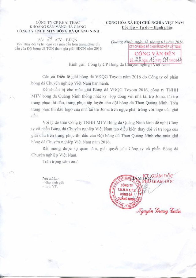
Văn bản của CLB Than Quảng Ninh đề nghị VPF hỗ trợ trong vấn đề đặt logo trên áo đấu.
