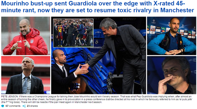 
Báo Anh đã nghĩ nhiều đến việc Pep Guardiola tái ngộ Mourinho ở derby thành Manchester.
