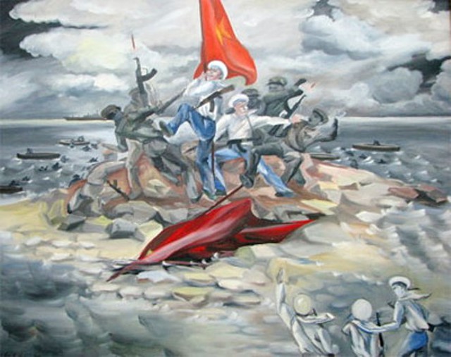 Bức tranh miêu tả cuộc chiến đấu bảo vệ đảo Gạc Ma 14-3-1988 (đang được treo tại Phòng Truyền thống của Vùng 4 Hải quân)