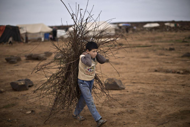 Cậu bé người Syria kiếm củi để về sưởi ấm tại một trại tị nạn ở ngoại ô thị trấn Mafraq, Jordan.