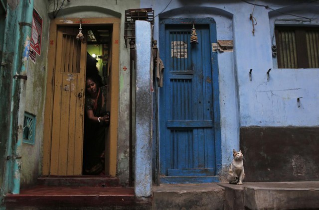 Người phụ nữ lau cửa nhà khi chú mèo ngôi bên ngoài lúc sáng sớm ở thành phố Dhaka, Bangladesh.