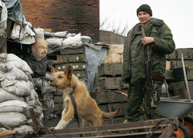 Một tay súng ly khai thân Nga đứng canh gác cạnh chú chó tại thị trấn Gorlovka, miền đông Ukraine.